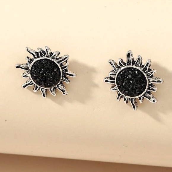 Any 2/$20! Silver Black Druzy Sun Stud Earrings - Picture 4 of 6